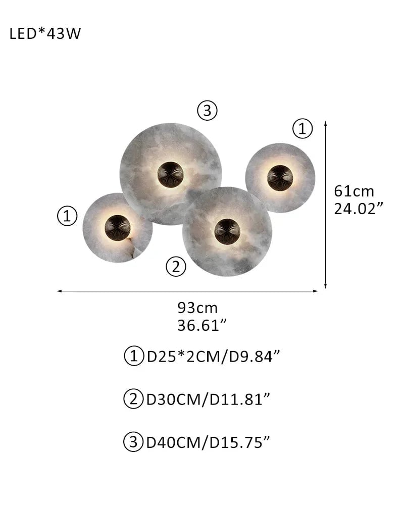 LightsStory Series Geometric Wall Lamp | Round Alabaster Natural veined alabaster planes and polished fluted brass, Polished fluted brass finish for Sophisticated living spaces and bedside accents D93+H61CM D36.6"*H24"(D25*2+D30+D40CM) Brass + White Modern Art Design Wall Lamp