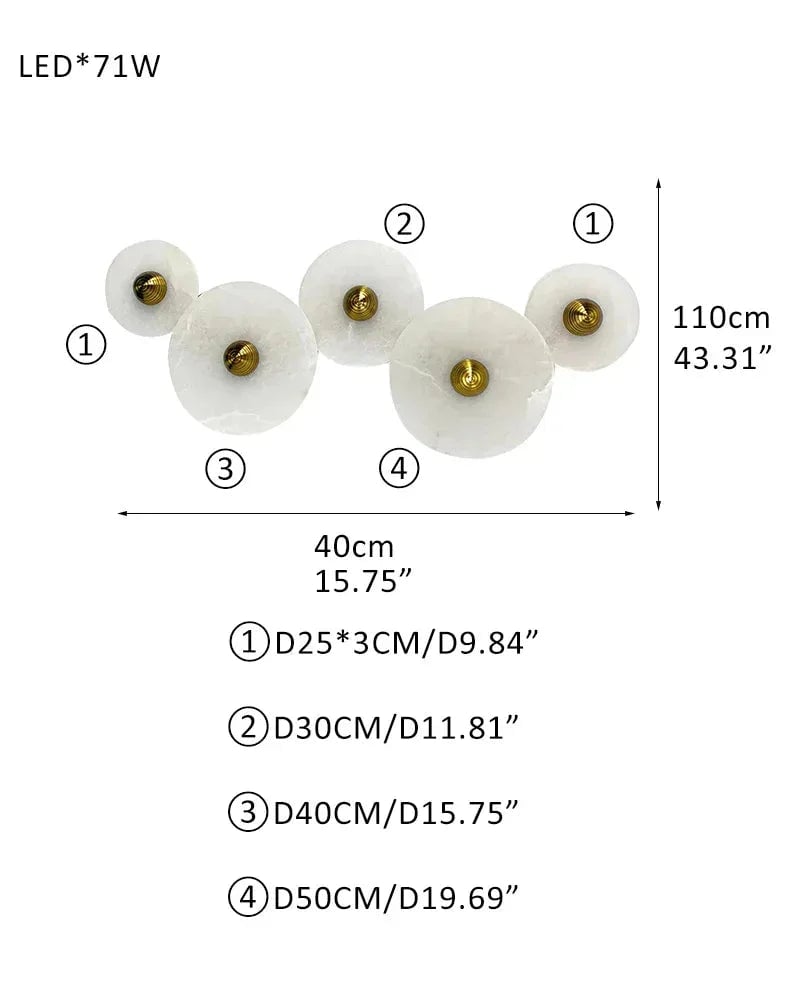 LightsStory Series Geometric Wall Lamp | Round Alabaster Natural veined alabaster planes and polished fluted brass, Polished fluted brass finish for Sophisticated living spaces and bedside accents D40+H110CM D15.75"*H43.3"(D25*3+D30+D40+50CM) Brass + White Modern Art Design Wall Lamp