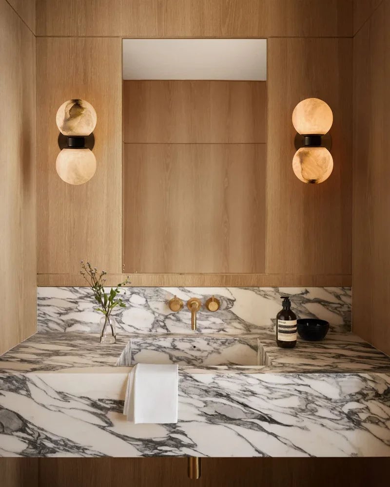 LightsStory Series Geometric Wall Light | Dual Globe Handcrafted Natural Alabaster, Sleek Brass and Black Metal for Bedrooms, Hallways, and Dining Spaces Modern Art Design Wall Lamp