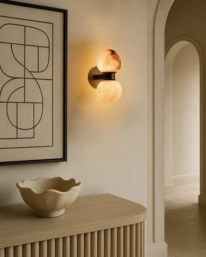 LightsStory Series Geometric Wall Light | Dual Globe Handcrafted Natural Alabaster, Sleek Brass and Black Metal for Bedrooms, Hallways, and Dining Spaces Modern Art Design Wall Lamp