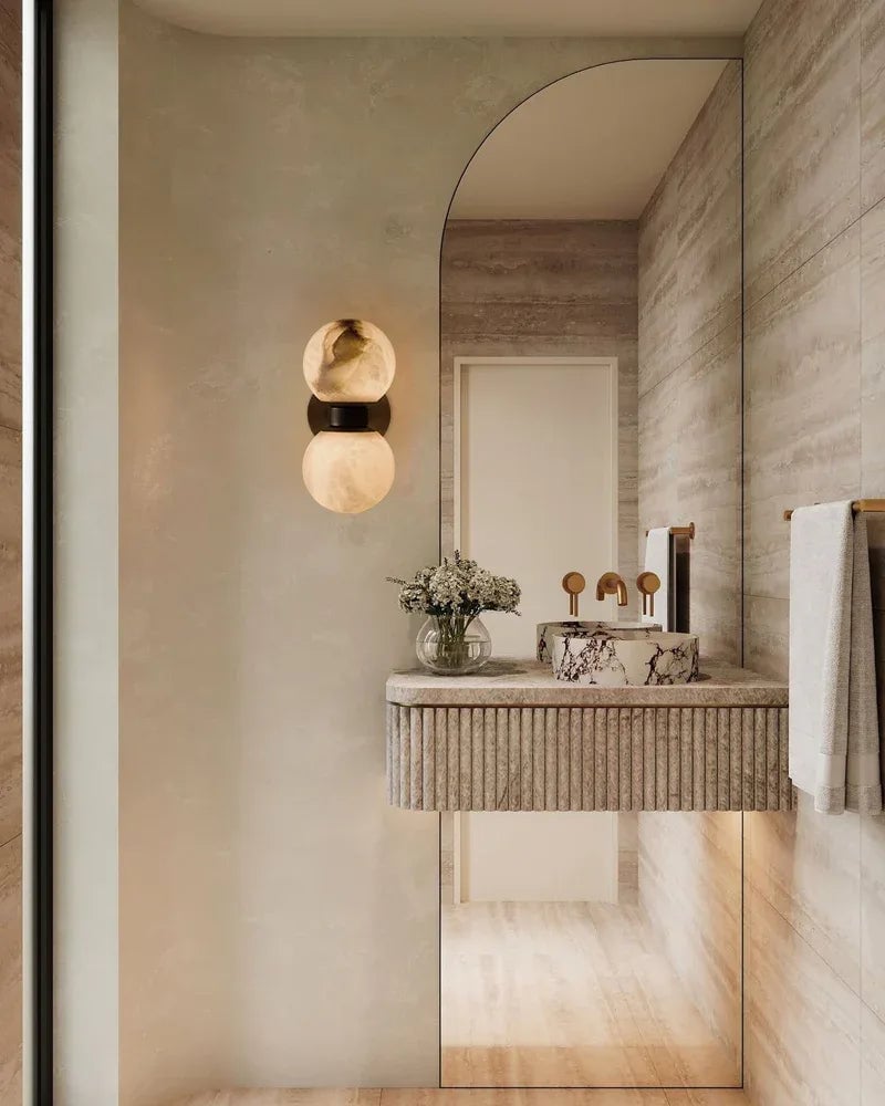 LightsStory Series Geometric Wall Light | Dual Globe Handcrafted Natural Alabaster, Sleek Brass and Black Metal for Bedrooms, Hallways, and Dining Spaces Modern Art Design Wall Lamp