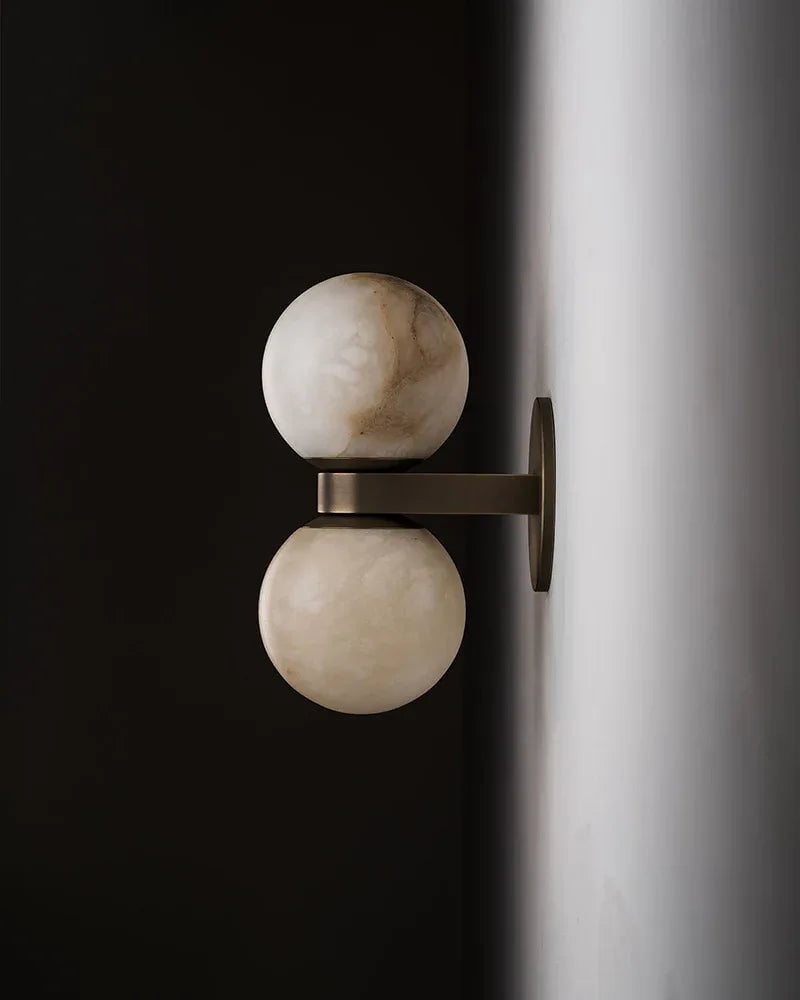 LightsStory Series Geometric Wall Light | Dual Globe Handcrafted Natural Alabaster, Sleek Brass and Black Metal for Bedrooms, Hallways, and Dining Spaces Modern Art Design Wall Lamp