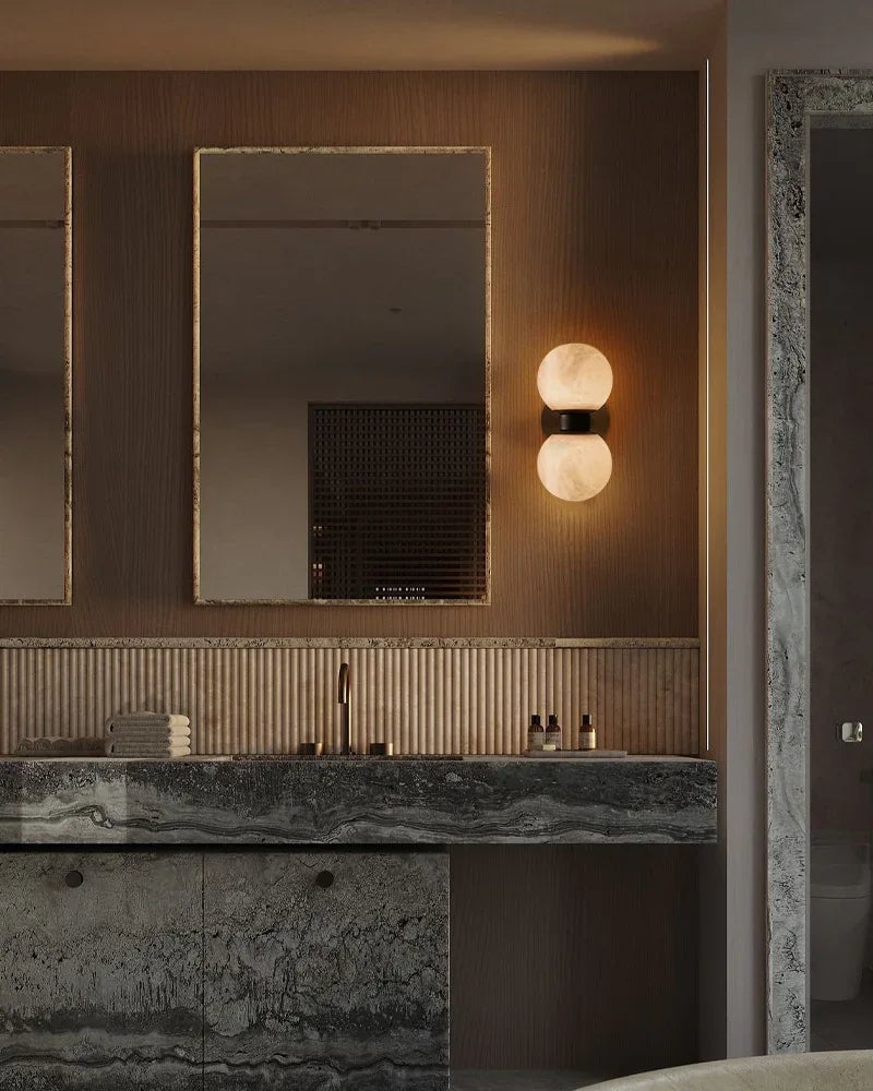 LightsStory Series Geometric Wall Light | Dual Globe Handcrafted Natural Alabaster, Sleek Brass and Black Metal for Bedrooms, Hallways, and Dining Spaces Modern Art Design Wall Lamp