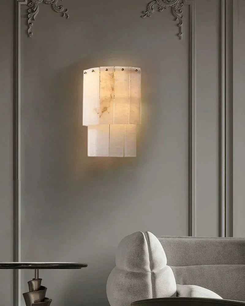 LightsStory Series Geometric Wall Light | Dual Layer Translucent Marble Panels with Brushed Brass Accents, Brushed Brass for Entryways and Bedrooms Flush Mounted Wall Sconce Lamp