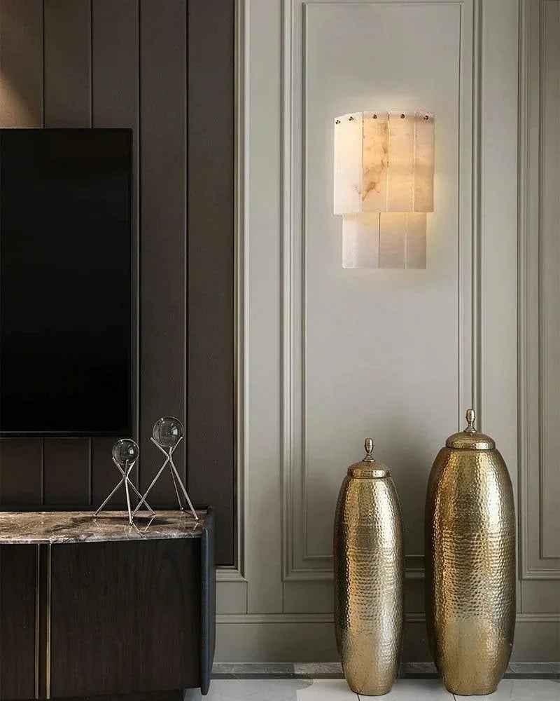 LightsStory Series Geometric Wall Light | Dual Layer Translucent Marble Panels with Brushed Brass Accents, Brushed Brass for Entryways and Bedrooms Flush Mounted Wall Sconce Lamp