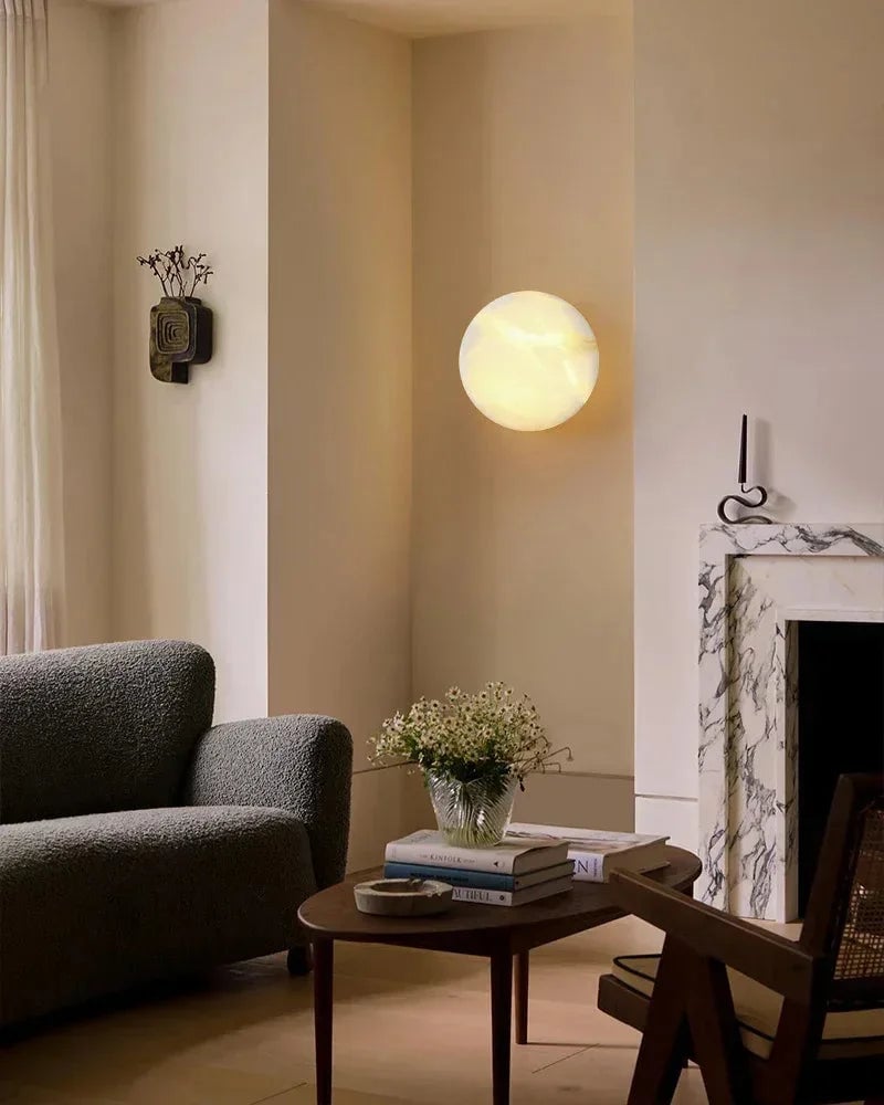 LightsStory Series Geometric Wall Light | Round Natural marble and snowflake gypsum, Lacquered Black finish for Staircases and Corridors Modern Art Design Wall Lamp