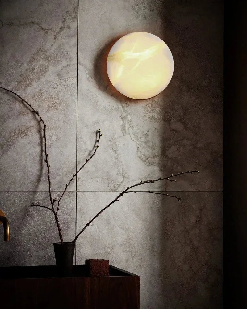 LightsStory Series Geometric Wall Light | Round Natural marble and snowflake gypsum, Lacquered Black finish for Staircases and Corridors Modern Art Design Wall Lamp