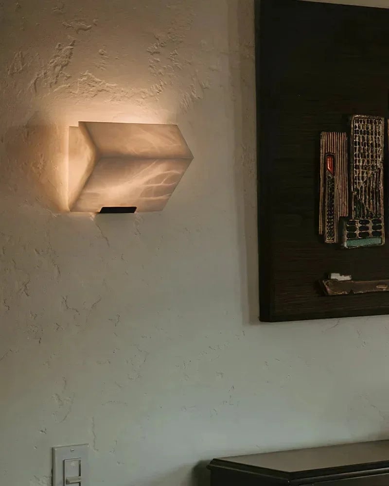 LightsStory Series Geometric Wall Sconce | Angular Alabaster Block Hand-Carved Natural Alabaster, Matte Brushed Black finish for Living Rooms and Hallways Flush Mounted Wall Sconce Lamp