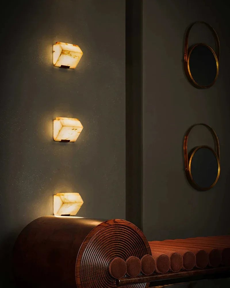 LightsStory Series Geometric Wall Sconce | Angular Alabaster Block Hand-Carved Natural Alabaster, Brushed Black Metal for Modern Living Rooms and Hallways Flush Mounted Wall Sconce Lamp