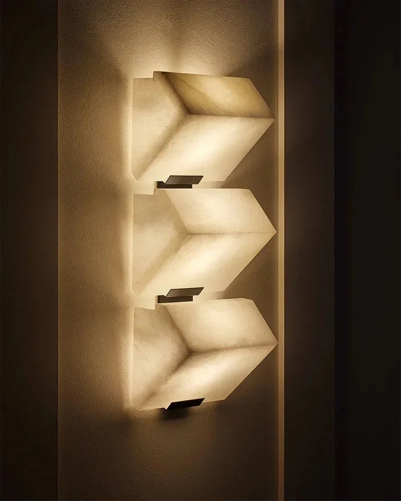 LightsStory Series Geometric Wall Sconce | Angular Alabaster Block Hand-Carved Natural Alabaster, Matte Brushed Black finish for Living Rooms and Hallways Flush Mounted Wall Sconce Lamp