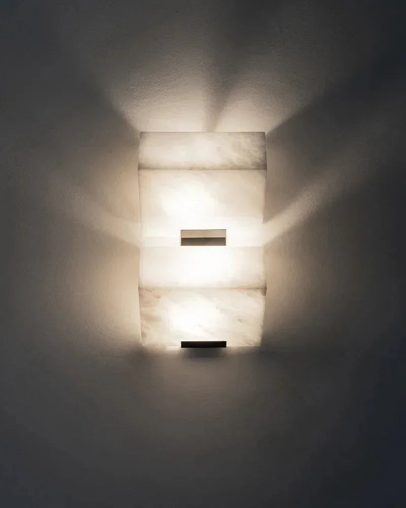 LightsStory Series Geometric Wall Sconce | Angular Alabaster Block Hand-Carved Natural Alabaster, Matte Brushed Black finish for Living Rooms and Hallways Flush Mounted Wall Sconce Lamp