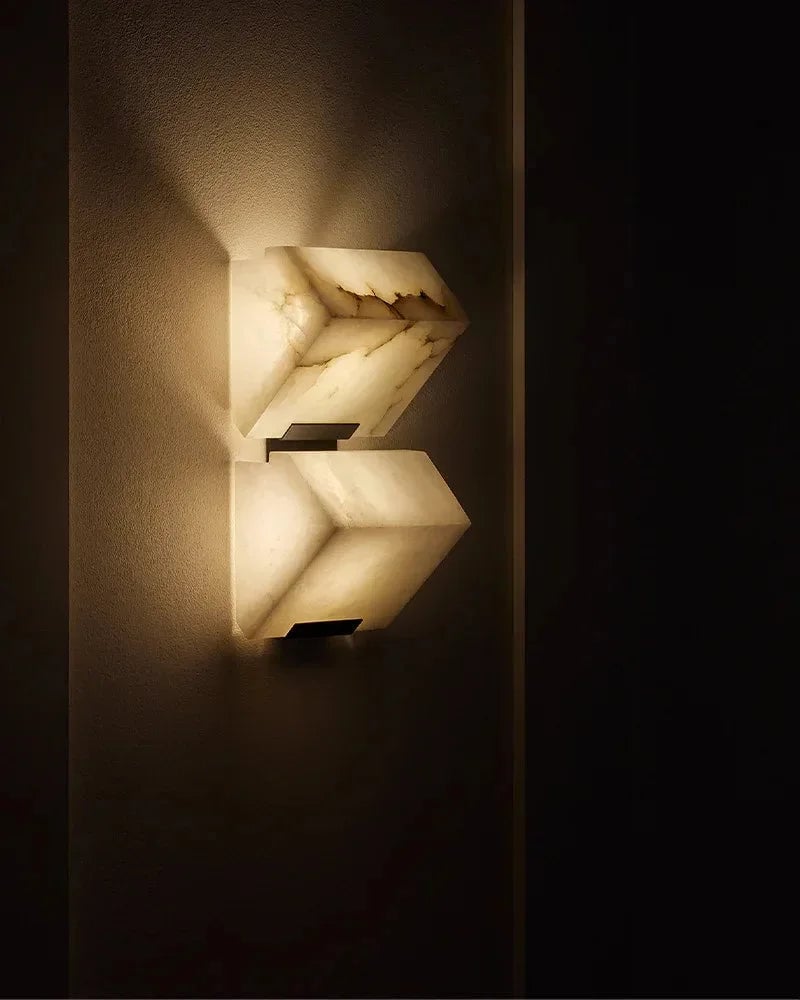 LightsStory Series Geometric Wall Sconce | Angular Alabaster Block Hand-Carved Natural Alabaster, Matte Brushed Black finish for Living Rooms and Hallways Flush Mounted Wall Sconce Lamp