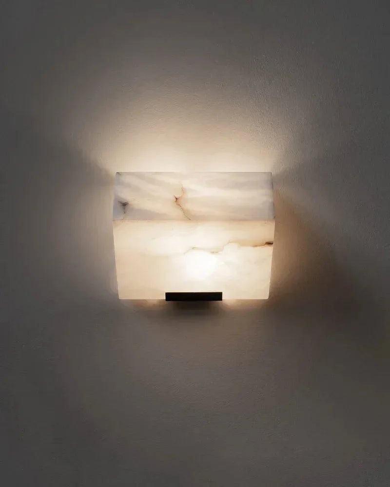 LightsStory Series Geometric Wall Sconce | Angular Alabaster Block Hand-Carved Natural Alabaster, Matte Brushed Black finish for Living Rooms and Hallways Flush Mounted Wall Sconce Lamp