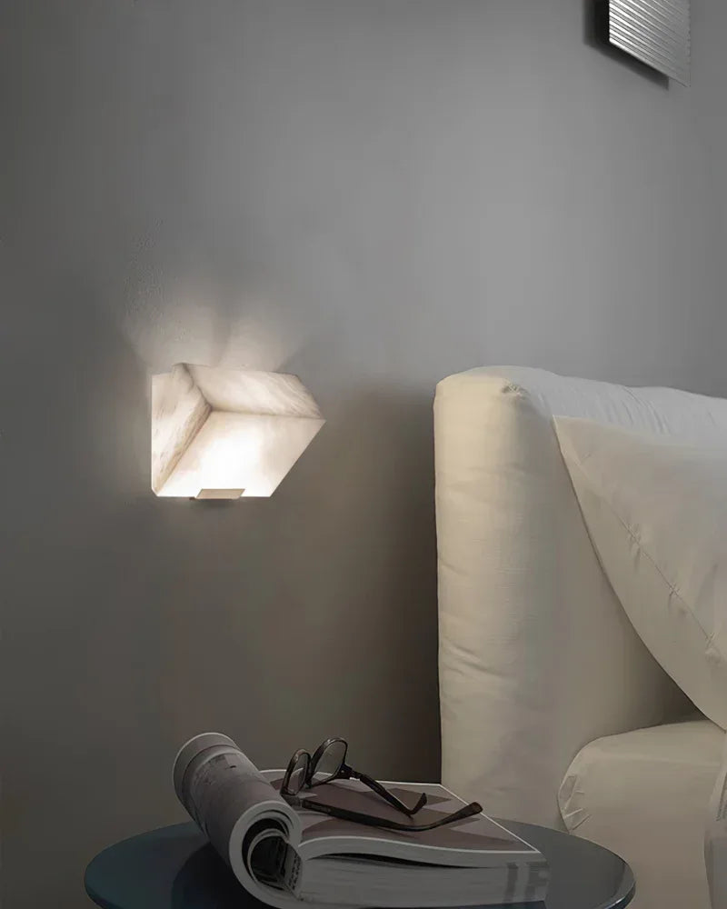 LightsStory Series Geometric Wall Sconce | Angular Alabaster Block Hand-Carved Natural Alabaster, Matte Brushed Black finish for Living Rooms and Hallways Flush Mounted Wall Sconce Lamp