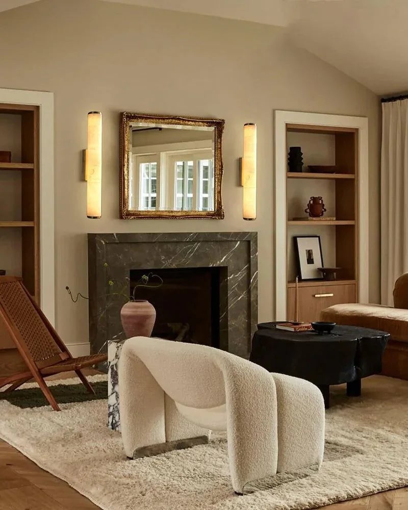 LightsStory Series Geometric Wall Sconce | Cylindrical Dual-Lighting Natural Marble and Polished Copper, Polished Copper finish for Hallways, Bedside Accents, and Living Areas Flush Mounted Wall Sconce Lamp