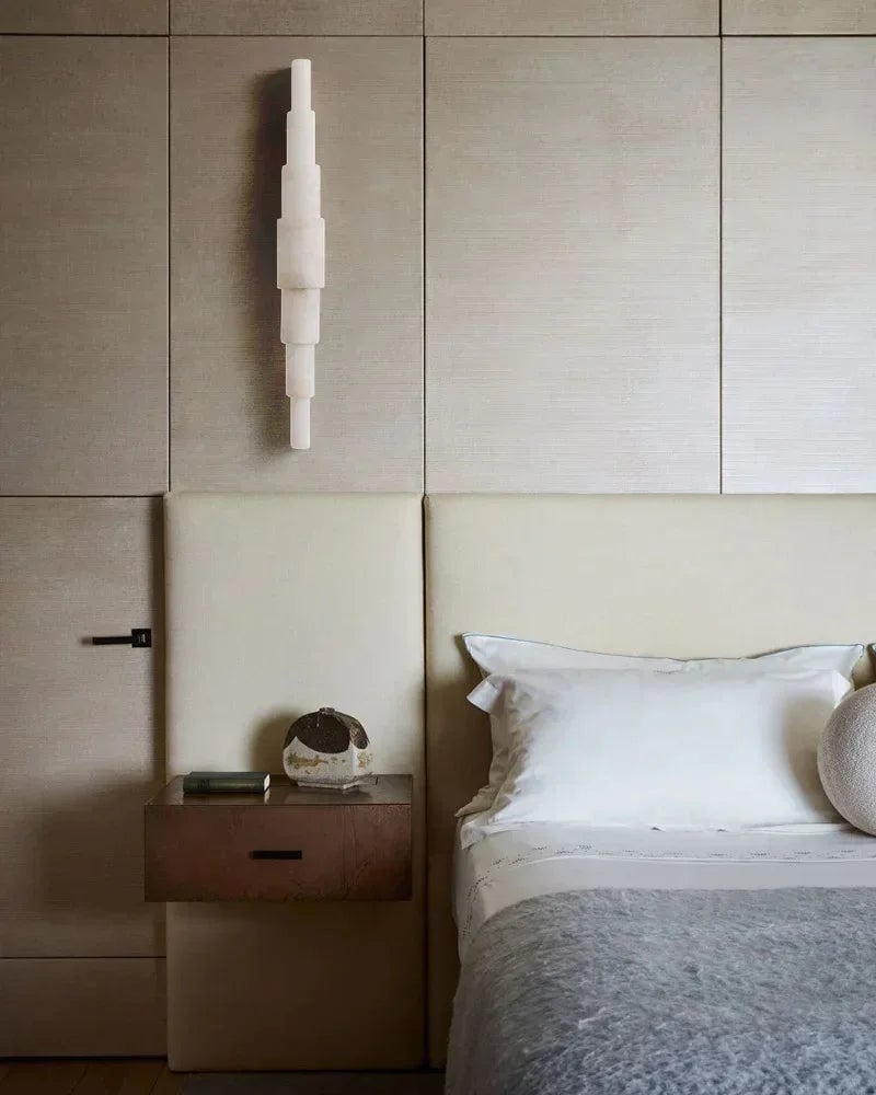 LightsStory Series Geometric Wall Sconce | Cylindrical Stone Hand-finished natural white alabaster stone and solid metal, Polished metal finish for Bedrooms, hallways, and dining spaces Modern Art Design Wall Lamp