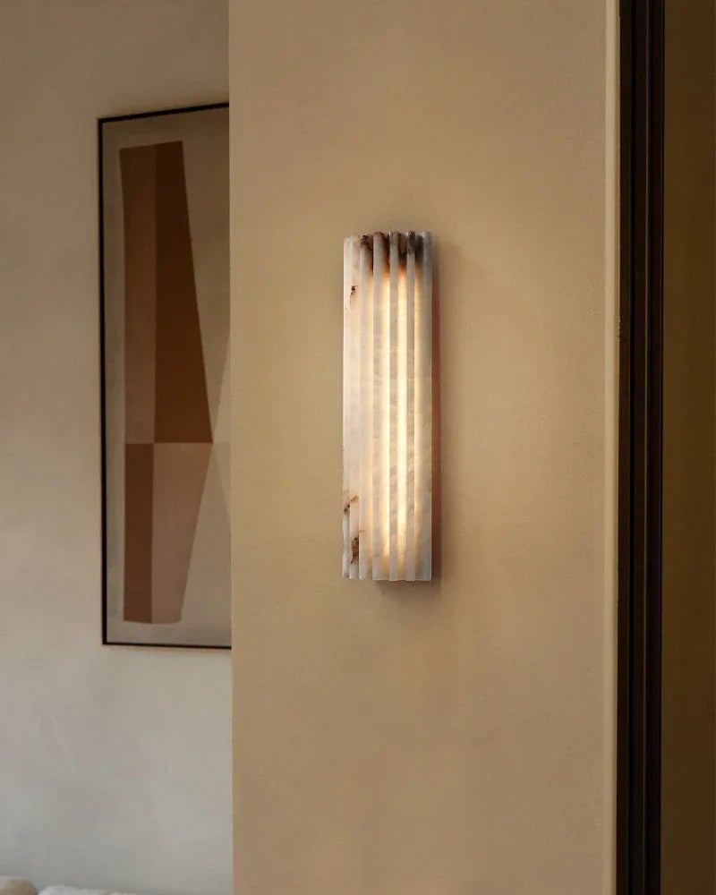 LightsStory Series Geometric Wall Sconce | Flush-mount Hand-carved Spanish Alabaster and Aged Brass, Aged Brass finish for hallways, bedrooms, and accent walls Brass Aged Wall Sconces