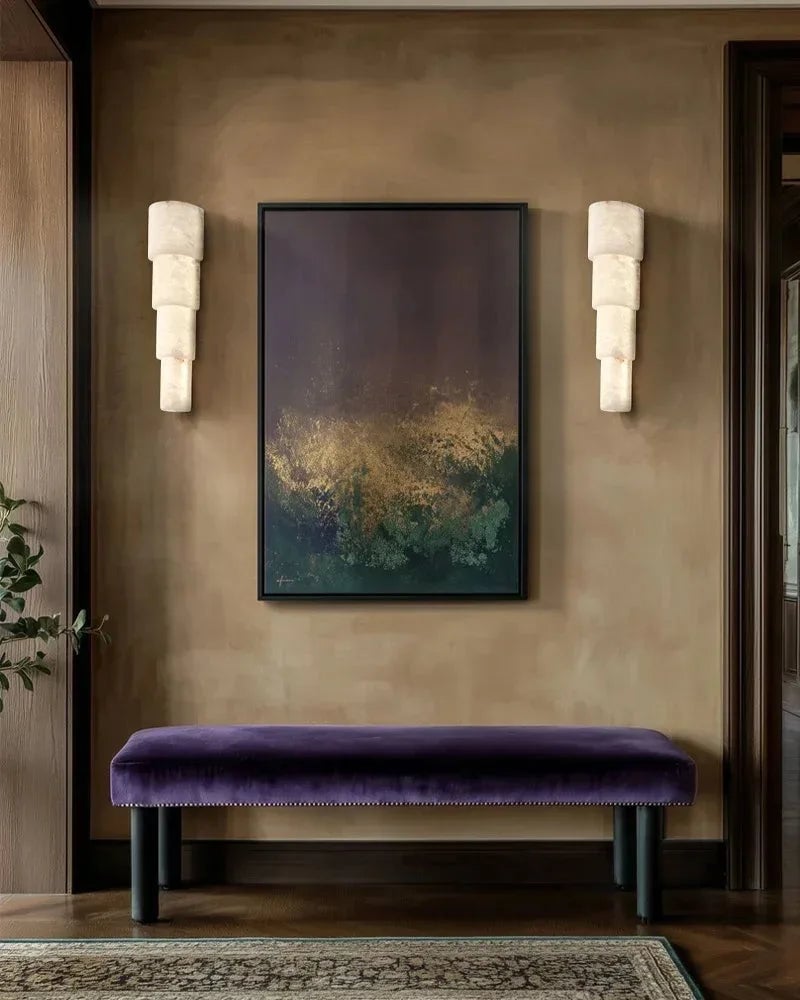 LightsStory Series Geometric Wall Sconce | Half Cylinder Hand-finished natural white alabaster stone and solid metal, Polished metal finish for Bedrooms, hallways, and dining spaces Modern Art Design Wall Lamp