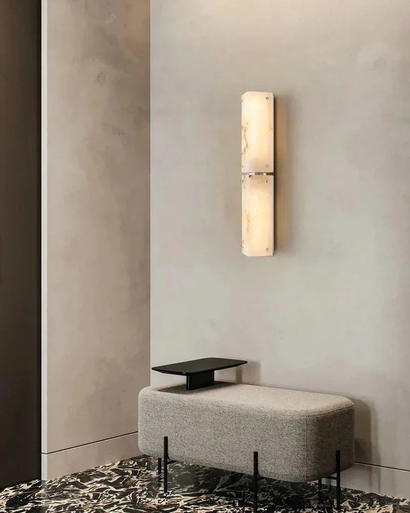 LightsStory Series Geometric Wall Sconce | Hand-Carved Alabaster Hand-Carved Natural Alabaster and Durable Brass, Premium Black and Brass finish for Modern Living Rooms and Hallways Flush Mounted Wall Sconce Lamp