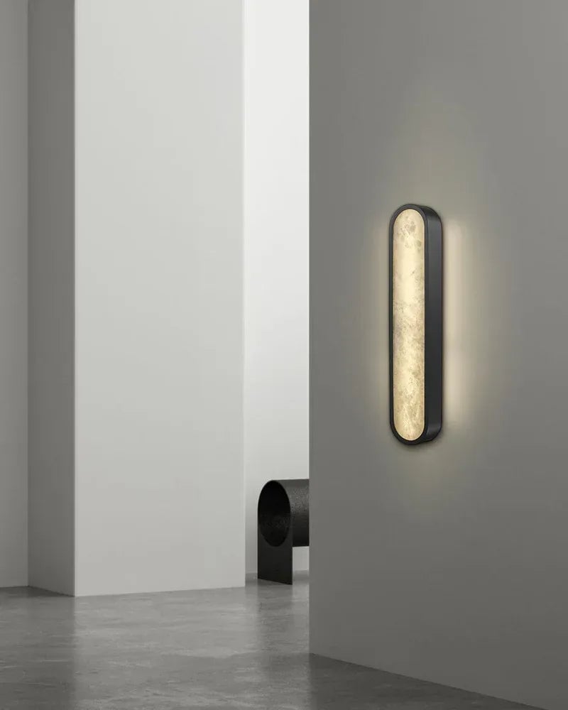 LightsStory Series Geometric Wall Sconce | Long Oval Natural Alabaster shade with durable iron framework, Black Brass finish for Dining rooms, bedrooms, and living areas Modern Art Design Wall Lamp