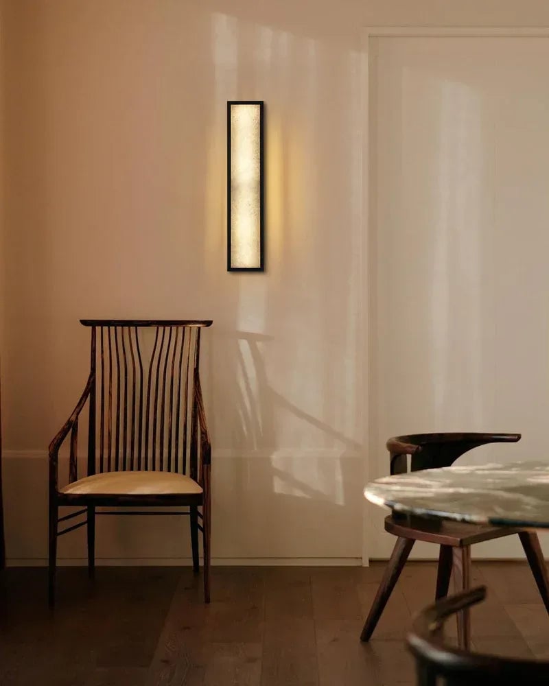 LightsStory Series Geometric Wall Sconce | Long Oval Natural Alabaster shade with durable iron framework, Black Brass finish for Dining rooms, bedrooms, and living areas Modern Art Design Wall Lamp