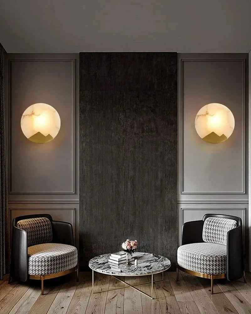 LightsStory Series Geometric Wall Sconce | Mountain-shaped Frame Alabaster marble and brushed brass, Brushed Brass finish for living rooms, bedrooms, hallways, or dining spaces Flush Mounted Wall Sconce Lamp