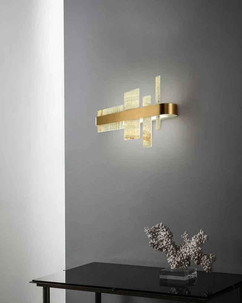 LightsStory Series Geometric Wall Sconce | Natural Marble Slice Natural marble slices with sleek copper and stainless steel frame, Copper and Stainless Steel finish for Dining rooms, foyers, or bedrooms Flush Mounted Wall Sconce Lamp