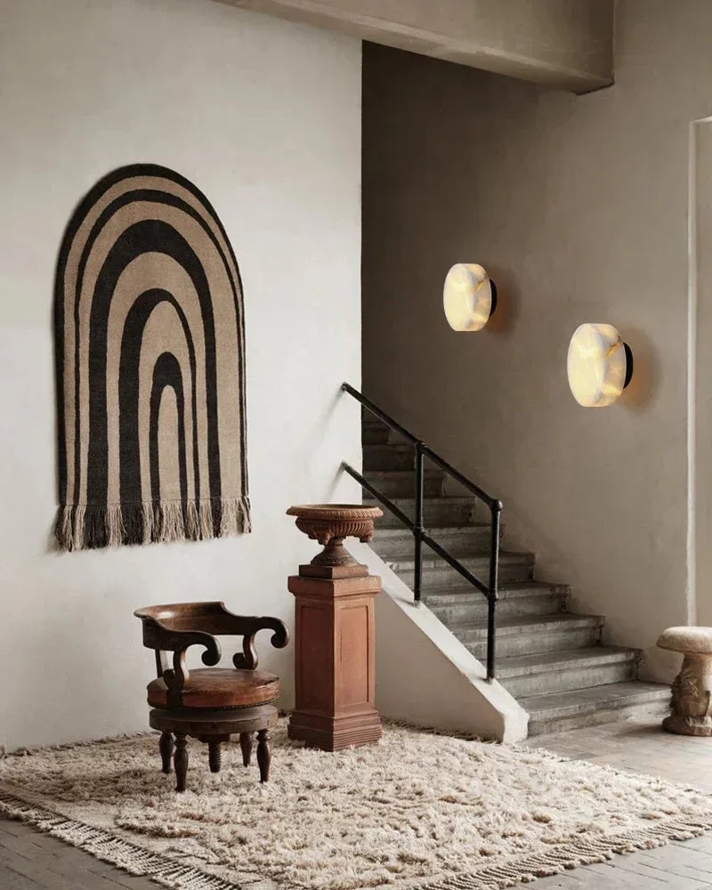 LightsStory Series Geometric Wall Sconce | Orb Natural Marble and Snowflake Gypsum, Premium Brass finish for Vanity Bathrooms and Living Rooms Modern Art Design Wall Lamp