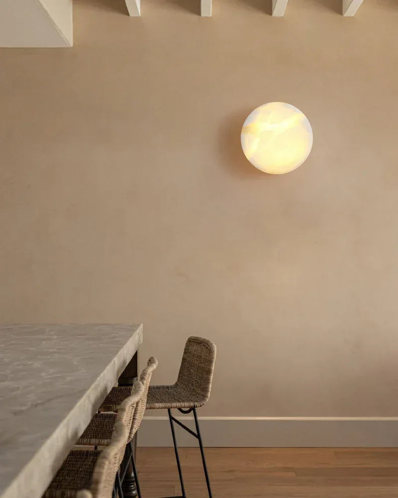 LightsStory Series Geometric Wall Sconce | Orb Natural Marble and Snowflake Gypsum, Premium Brass finish for Vanity Bathrooms and Living Rooms Modern Art Design Wall Lamp