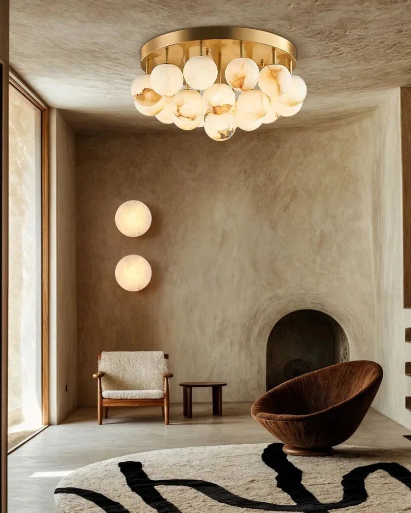 LightsStory Series Geometric Wall Sconce | Orb Natural Marble and Snowflake Gypsum, Premium Brass finish for Vanity Bathrooms and Living Rooms Modern Art Design Wall Lamp