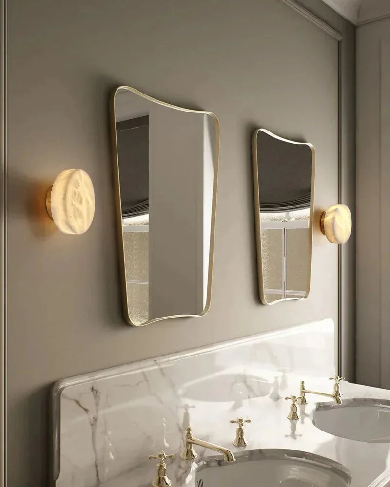 LightsStory Series Geometric Wall Sconce | Orb Natural Marble and Snowflake Gypsum, Premium Brass finish for Vanity Bathrooms and Living Rooms Modern Art Design Wall Lamp
