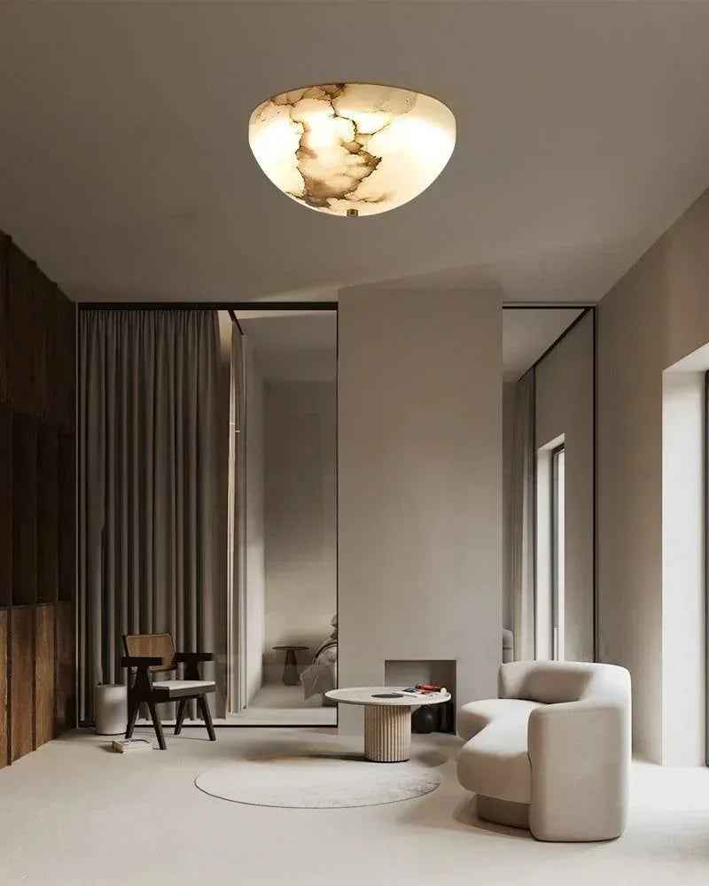 LightsStory Series Geometric Wall Sconce | Round Bowl Natural Alabaster and Brass, Timeless Brass finish for Bedside, living rooms, dining areas, and hallways Flush Mounted Ceiling Lamp