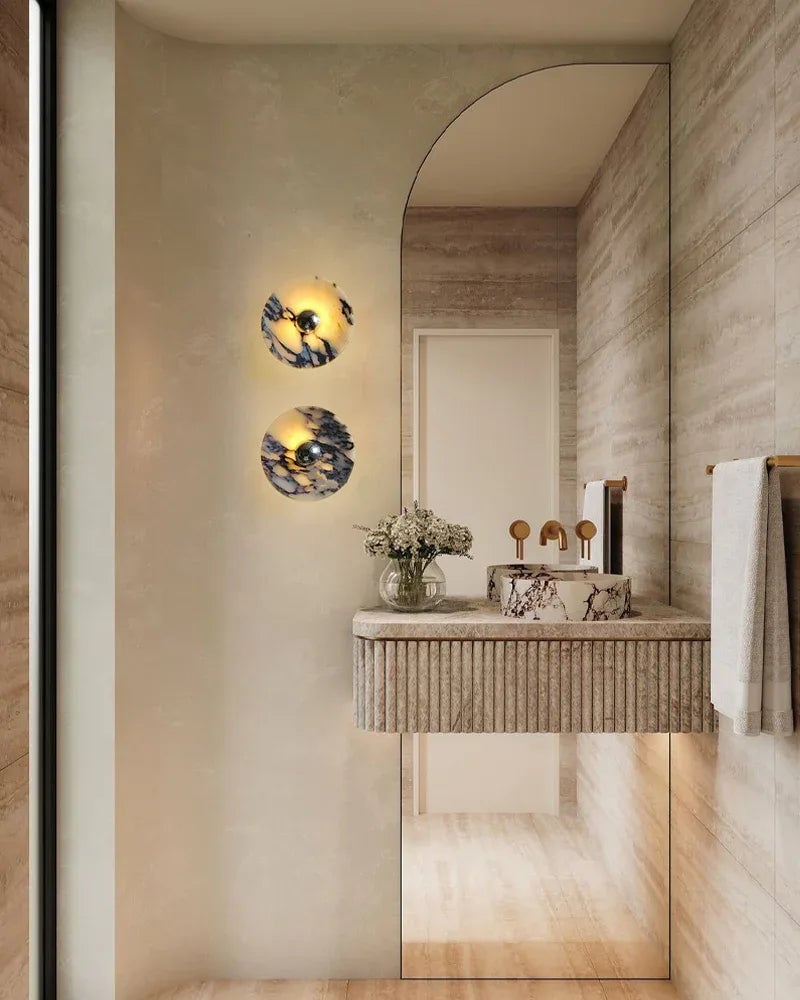 LightsStory Series Geometric Wall Sconce | Round Marble Pure Natural Marble with Iron, Iron finish for Bedrooms, bathrooms, hallways, and kitchen accents Modern Art Design Wall Lamp