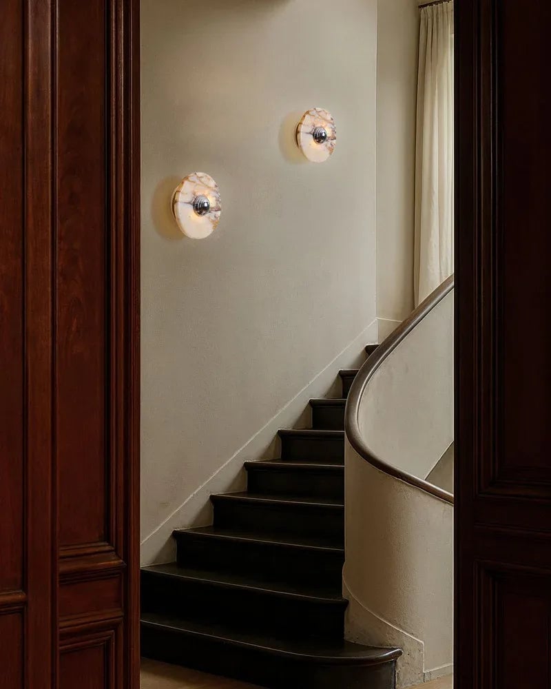 LightsStory Series Geometric Wall Sconce | Round Marble Pure Natural Marble with Iron, Iron finish for Bedrooms, bathrooms, hallways, and kitchen accents Modern Art Design Wall Lamp