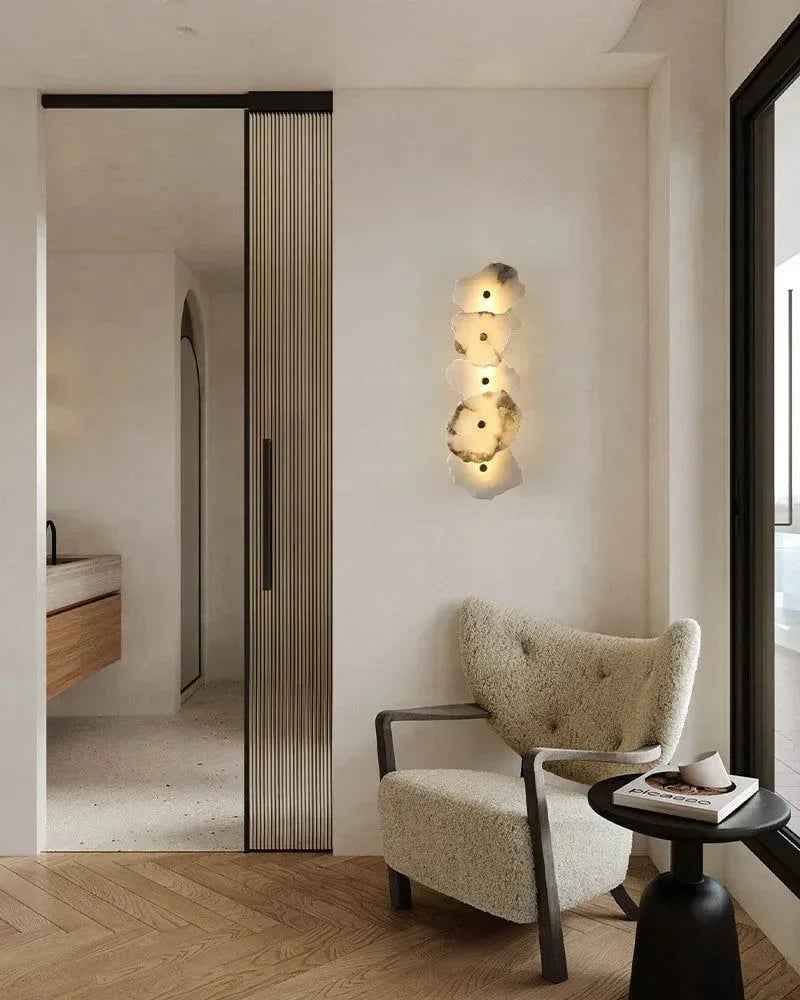 LightsStory Series Geometric Wall Sconce | Sculptural Double-Head Natural white marble with polished brass and gold accents, Polished Brass with Gold Accents for Stairwells and Corridors Modern Art Design Wall Lamp