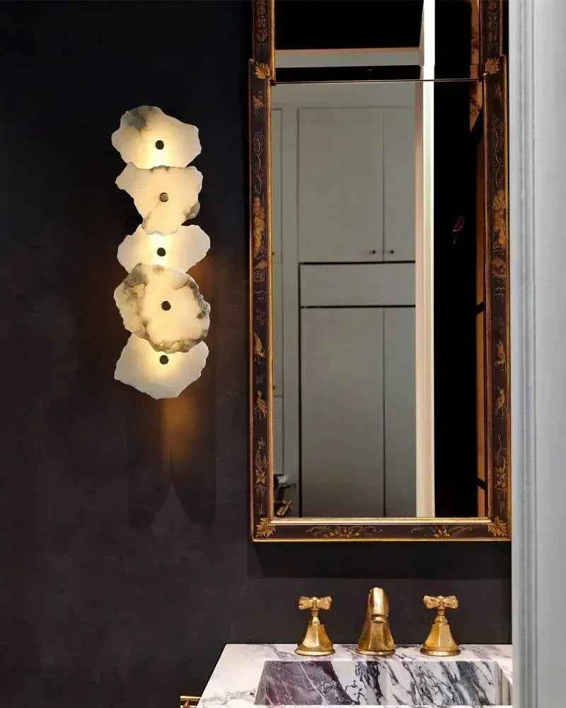 LightsStory Series Geometric Wall Sconce | Sculptural Double-Head Natural white marble with polished brass and gold accents, Polished Brass with Gold Accents for Stairwells and Corridors Modern Art Design Wall Lamp