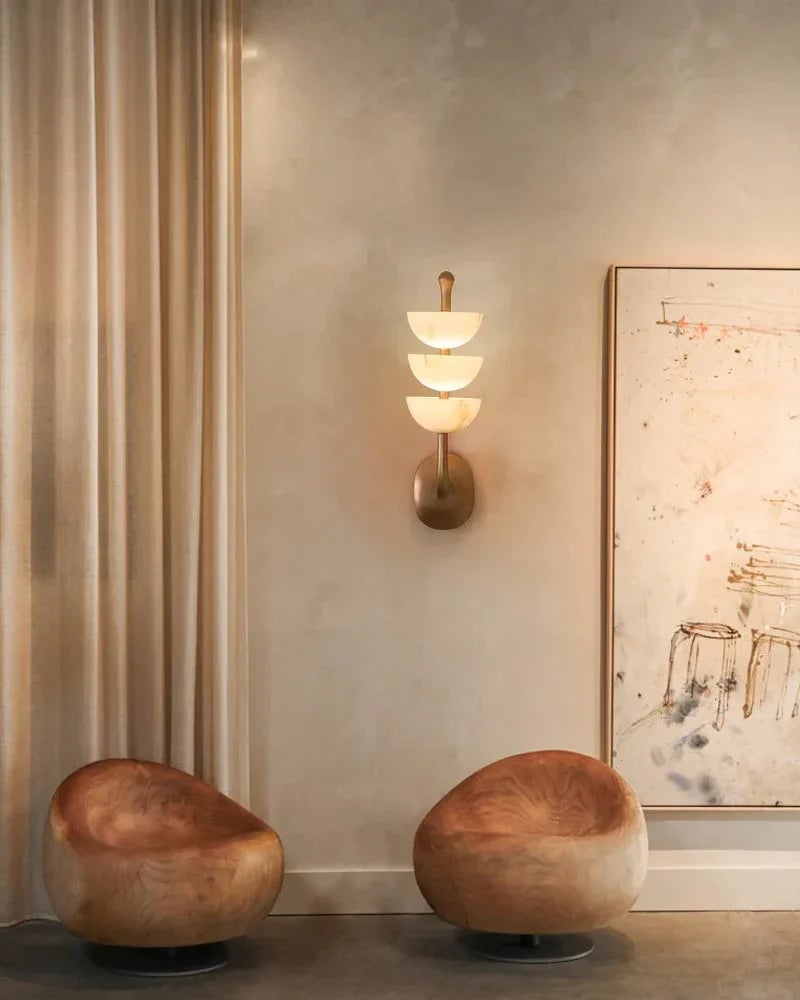 LightsStory Series Geometric Wall Sconce | Semi-Oval Natural marble and snowflake gypsum, Brass finish for Living rooms and bedrooms Flush Mounted Wall Sconce Lamp