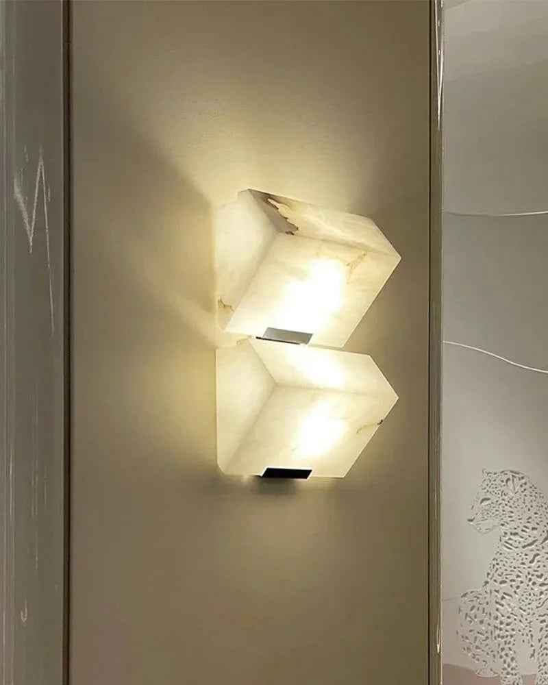 LightsStory Series Geometric Wall Sconce | Triple Sloping Block Hand-Carved Natural Alabaster Stone, Matte Black and Brass finish for Modern Living Rooms and Hallways Flush Mounted Wall Sconce Lamp