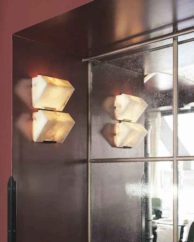 LightsStory Series Geometric Wall Sconce | Triple Sloping Block Hand-Carved Natural Alabaster Stone, Matte Black and Brass finish for Modern Living Rooms and Hallways Flush Mounted Wall Sconce Lamp