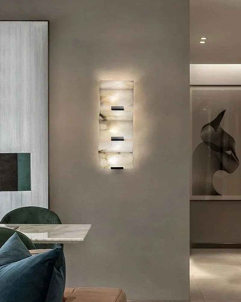 LightsStory Series Geometric Wall Sconce | Triple Sloping Block Hand-Carved Natural Alabaster Stone, Matte Black and Brass finish for Modern Living Rooms and Hallways Flush Mounted Wall Sconce Lamp