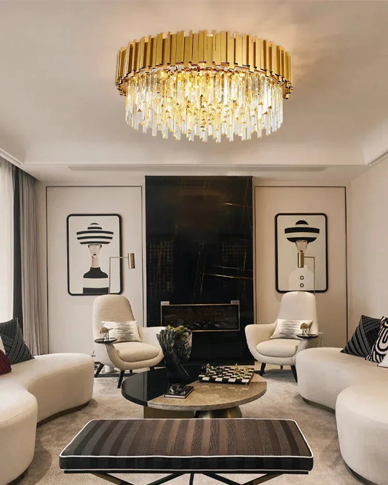 LightsStory Series Grand Ceiling Light | Multi Tier Crystal Gold-plated stainless steel and hand-cut crystal glass, Premium Gold-plated finish for Living rooms, dining rooms, and grand entries Flush Mounted Ceiling Lamp