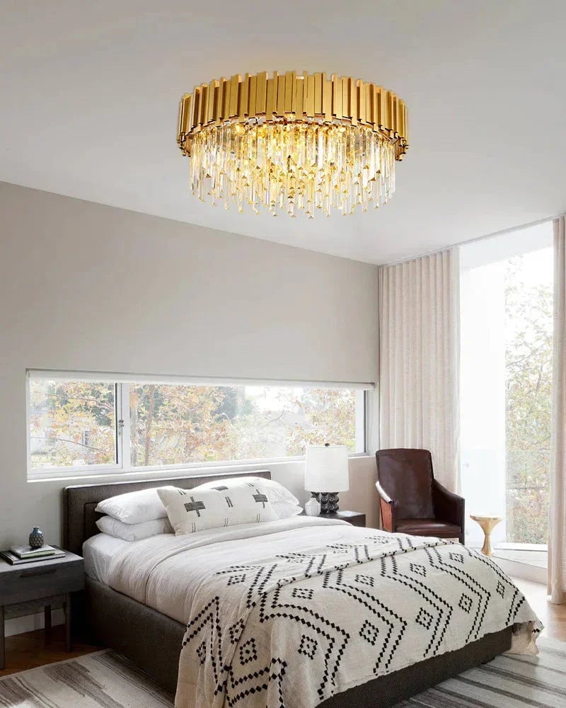 LightsStory Series Grand Ceiling Light | Multi Tier Crystal Gold-plated stainless steel and hand-cut crystal glass, Premium Gold-plated finish for Living rooms, dining rooms, and grand entries Flush Mounted Ceiling Lamp