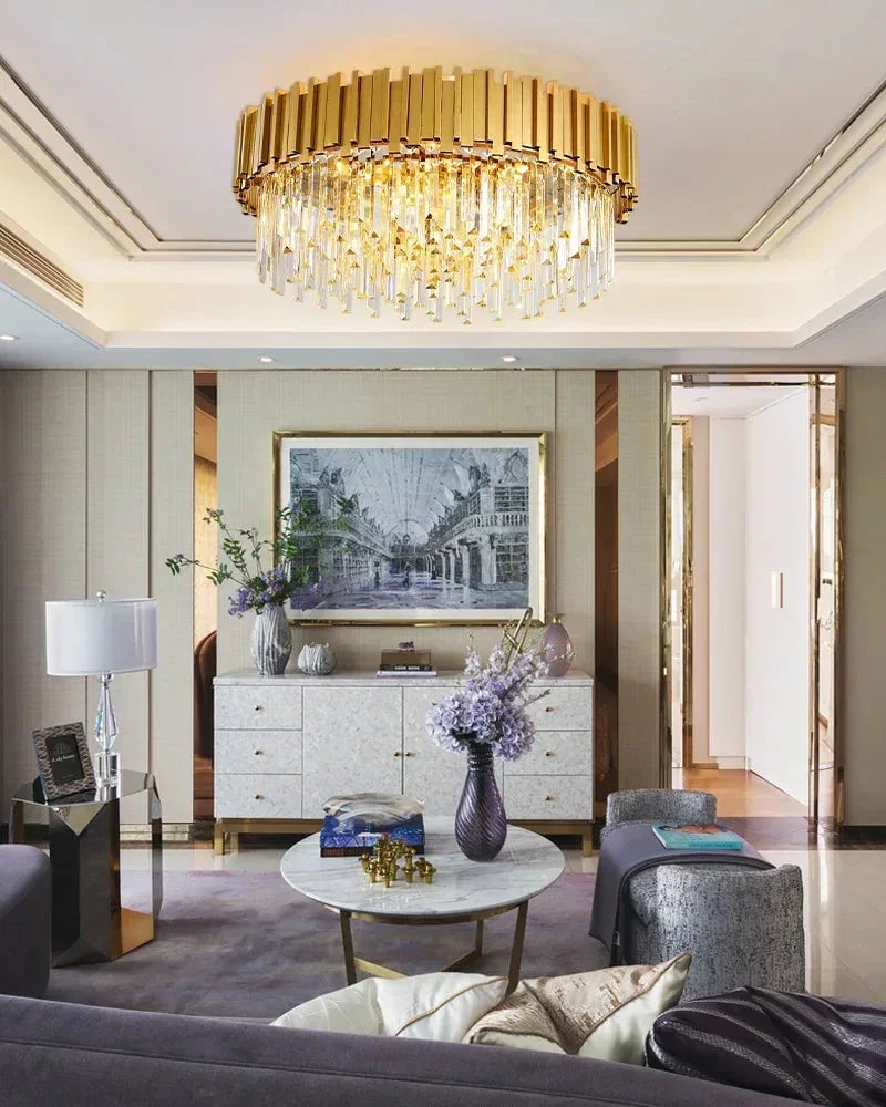 LightsStory Series Grand Ceiling Light | Multi Tier Crystal Gold-plated stainless steel and hand-cut crystal glass, Premium Gold-plated finish for Living rooms, dining rooms, and grand entries Flush Mounted Ceiling Lamp