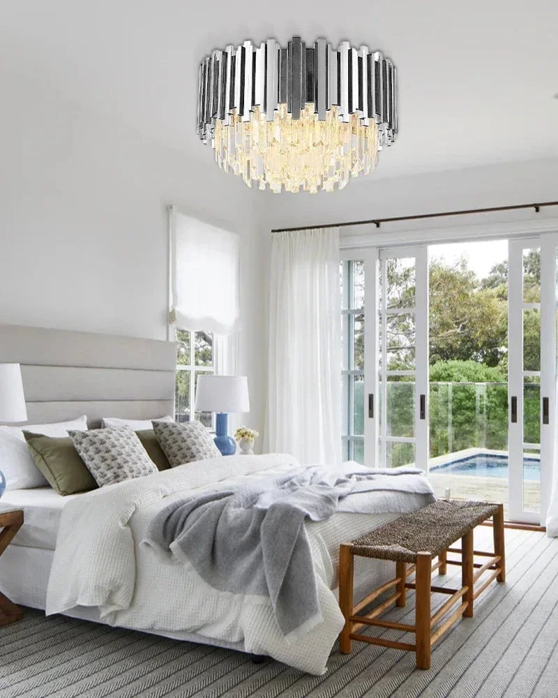 LightsStory Series Grand Ceiling Light | Multi Tier Crystal Gold-plated stainless steel and hand-cut crystal glass, Premium Gold-plated finish for Living rooms, dining rooms, and grand entries Flush Mounted Ceiling Lamp