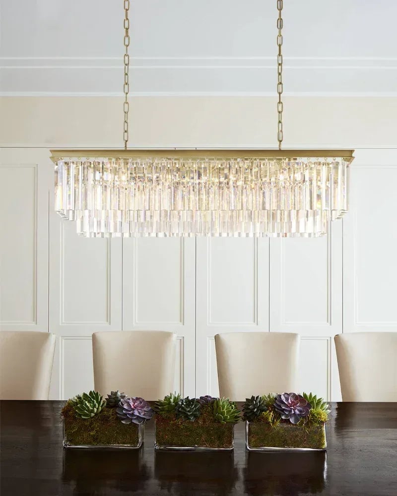LightsStory Series Grand Chandelier | Rectangular Tier Multi-crystal droplets with iron frame, Gold iron frame for Dining rooms, entries, and living areas American Vintage chandelier lamp