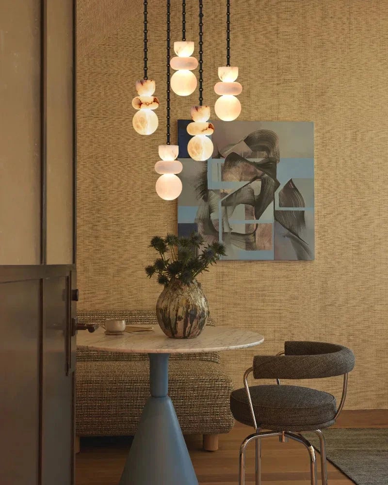 LightsStory Series Interior Design Cluster Pendant | Round Shade Uniquely veined faux marble, Black cord and canopy for bedside, dining nooks, and entryways Modern Pendant lamp