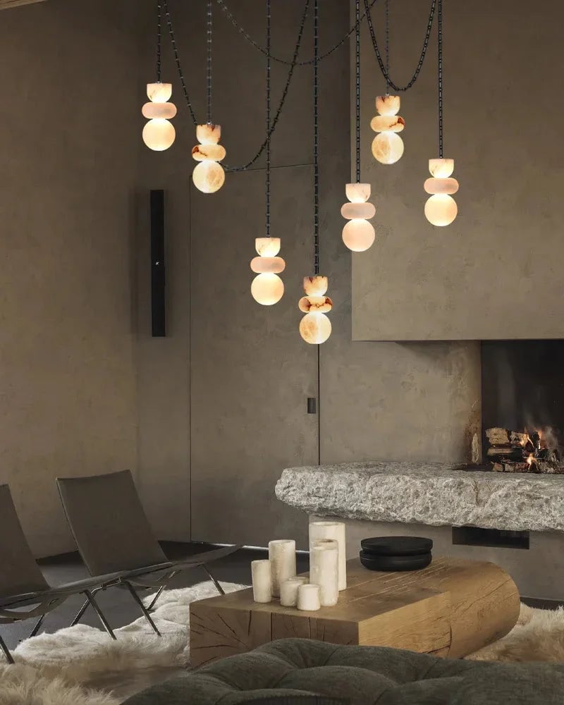 LightsStory Series Interior Design Cluster Pendant | Round Shade Uniquely veined faux marble, Black cord and canopy for bedside, dining nooks, and entryways Modern Pendant lamp