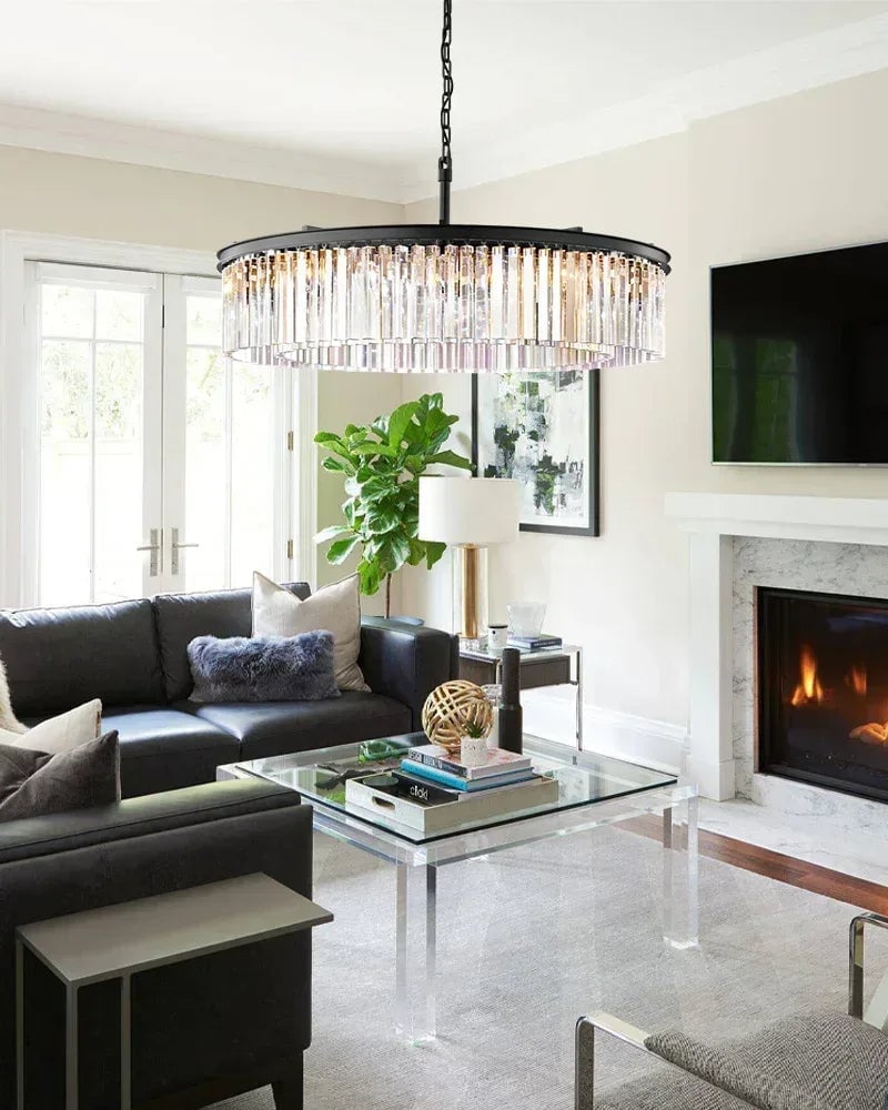 LightsStory Series Prismatic Chandelier | Five Tier Triangular Crystal Precision-cut clear triangular crystal rods and sturdy iron, Black iron finish for Grand Foyers and Dining Rooms American chandelier