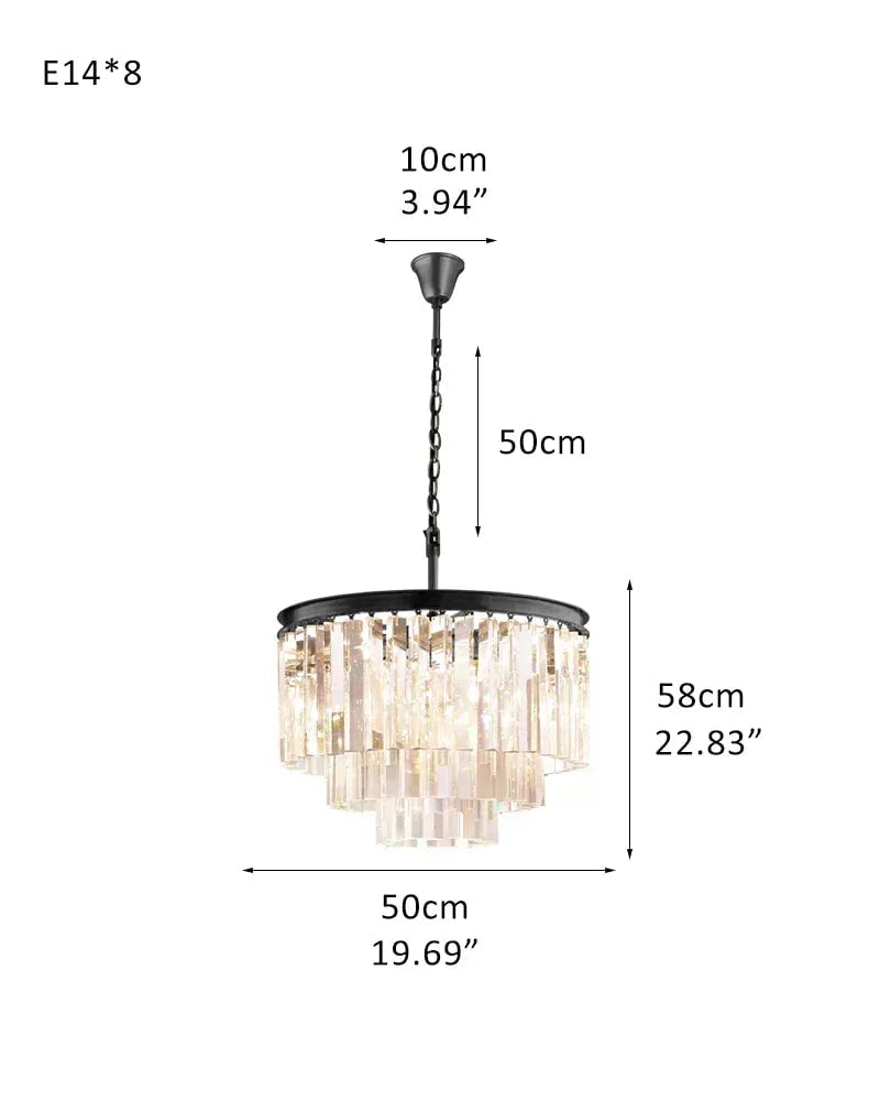 LightsStory Series Prismatic Chandelier | Five Tier Triangular Crystal Precision-cut clear triangular crystal rods and sturdy iron, Black iron finish for Grand Foyers and Dining Rooms 3-Tier-R-D50*H58CM D19.69“*H22.83" Black American chandelier
