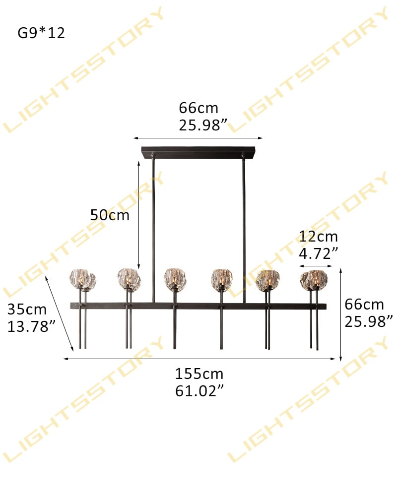 LightsStory Series Prismatic Chandelier | Linear Faceted Orb Hand-ground and polished faceted crystal orbs, Aged Brass and Black framework for Dining Rooms and Kitchen Islands 12 light-W155*D35*H66CM W61"*D14"*H26" Black + Clear Crystal Modern Pendant lamp